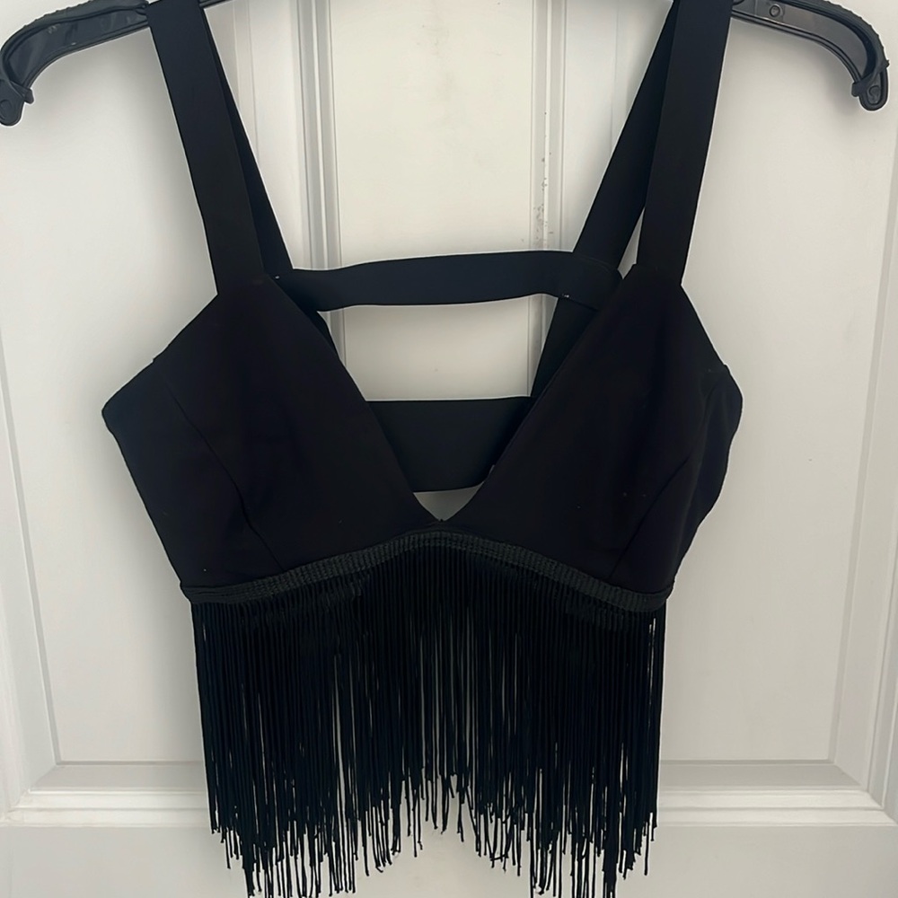 Bebe black fringed top size large